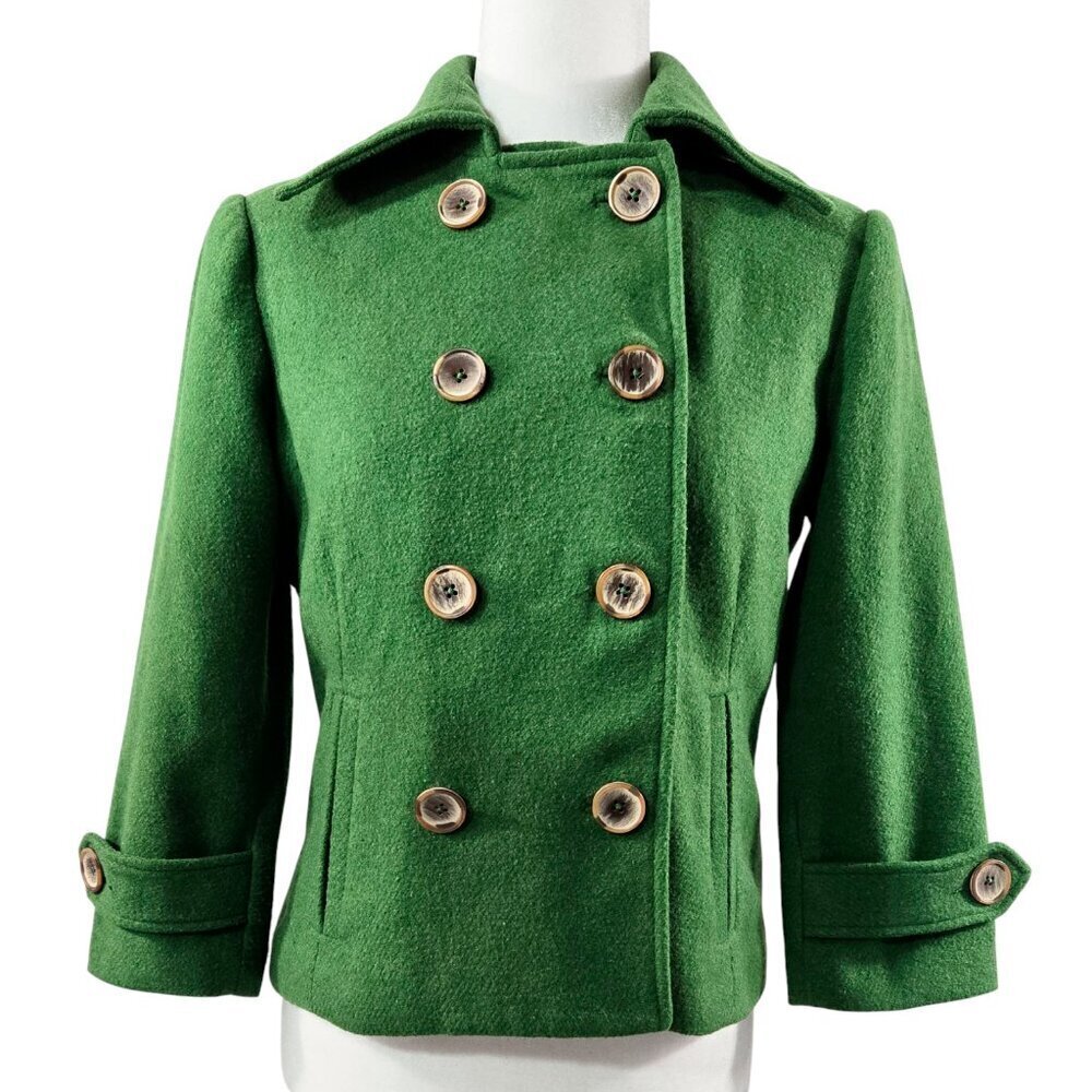 Cabi 659 Wool Blend Clover Green Double Breasted Cropped Peacoat Preppy